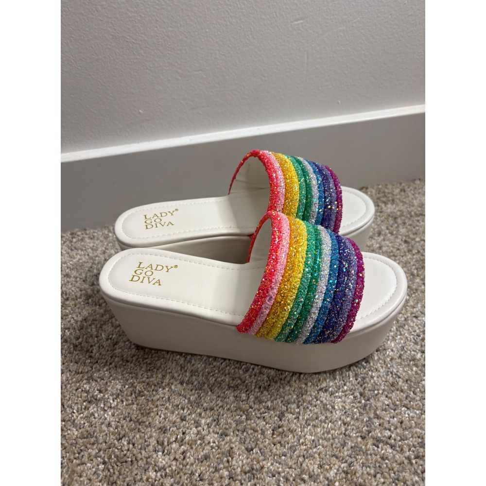 New Lady Go Diva Rainbow Platform Sandals – White – Size 5.5 - Picture 3 of 9